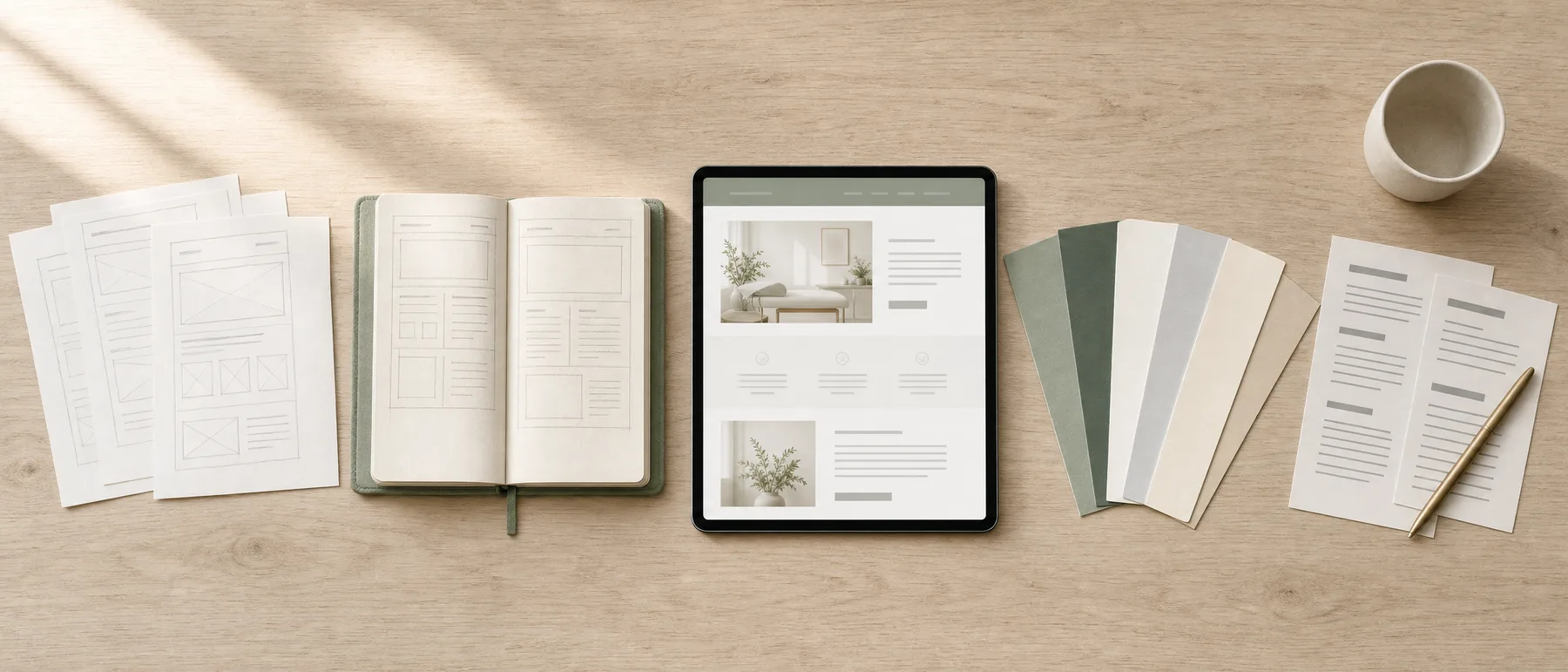 Arbeitstisch mit Wireframe-Skizzen, Skizzenbuch, Tablet mit fertigem Website-Entwurf, Farbmustern und Textentwürfen