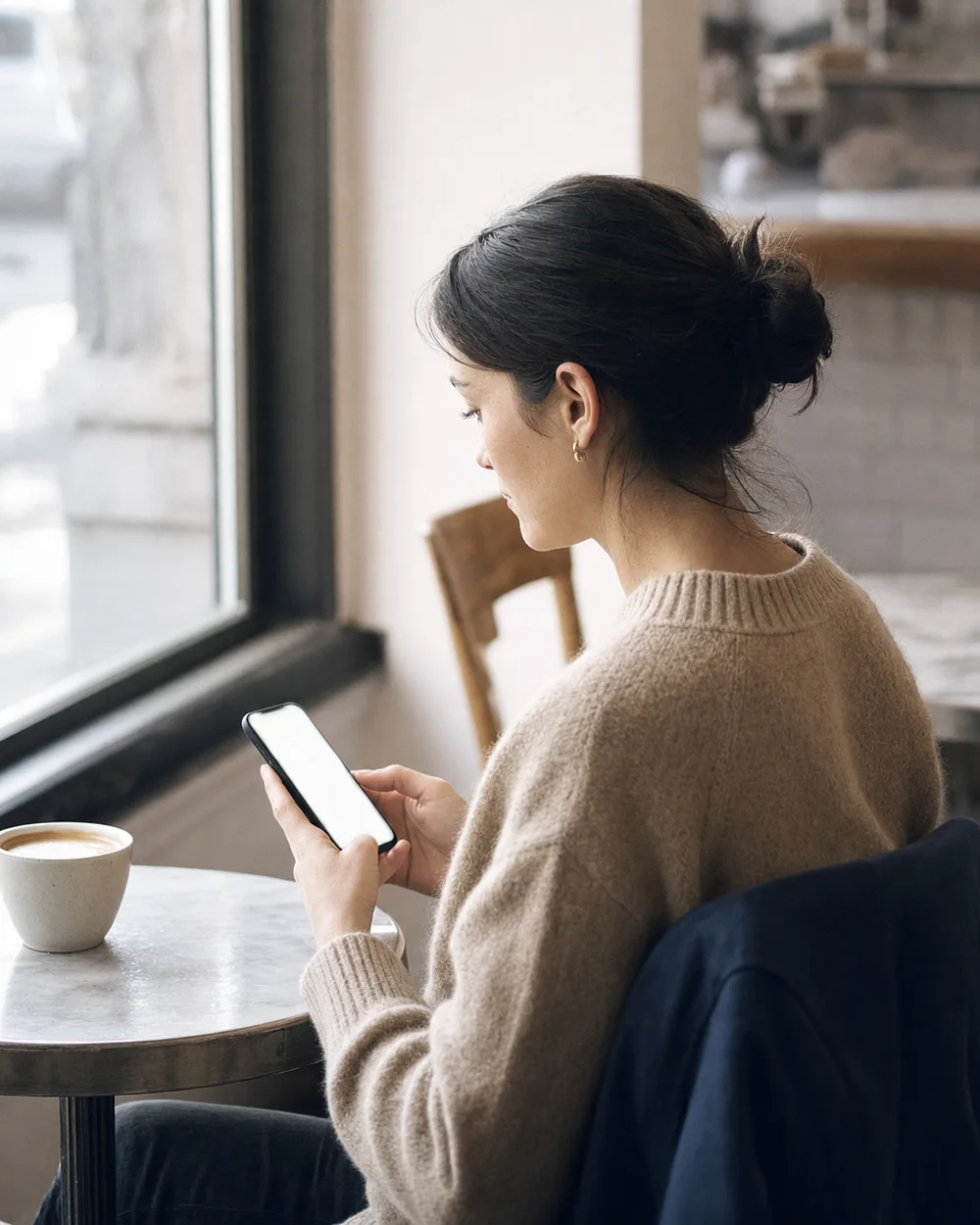 Junge Frau in einem hellen Café schaut auf ihr Smartphone
