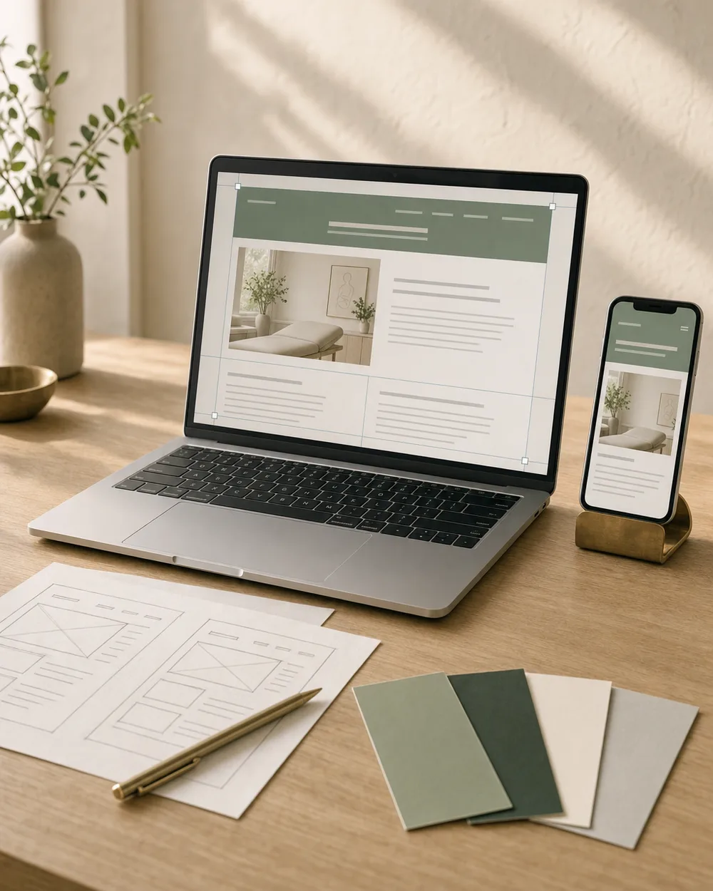 Laptop und Smartphone zeigen den Entwurf einer Praxis-Website, daneben Wireframe-Skizzen und Farbmuster